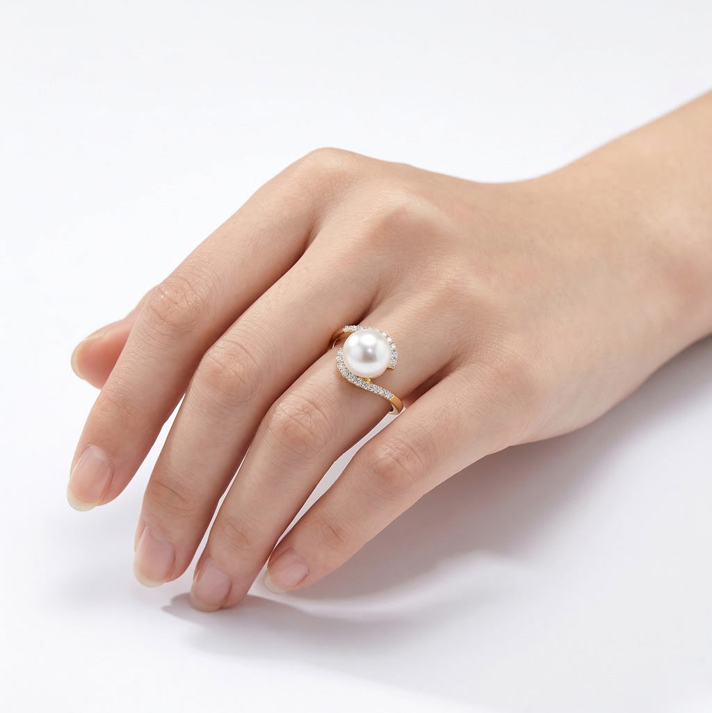 Pearl & Diamond Bypass Swirl Ring